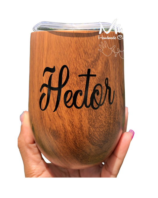 Personalized Stainless Steel Stemless Wood Color Wine Tumbler with Lid, 12 oz