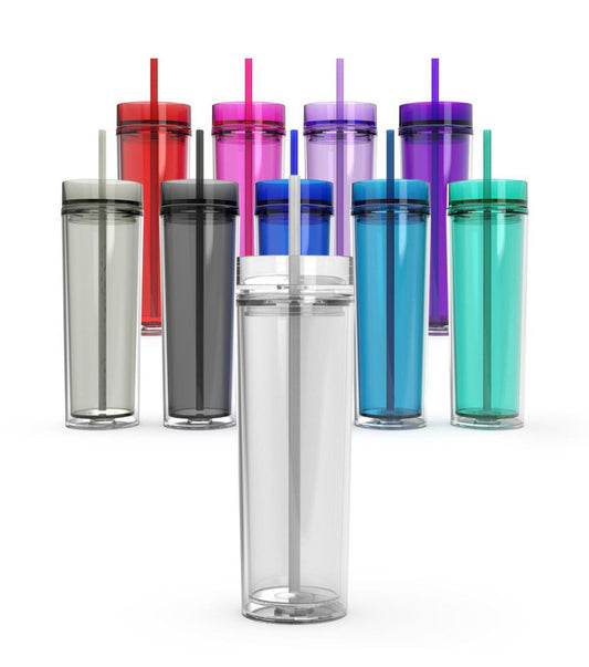 Skinny Tumbler is a 16oz double wall insulated acrylic tumbler.